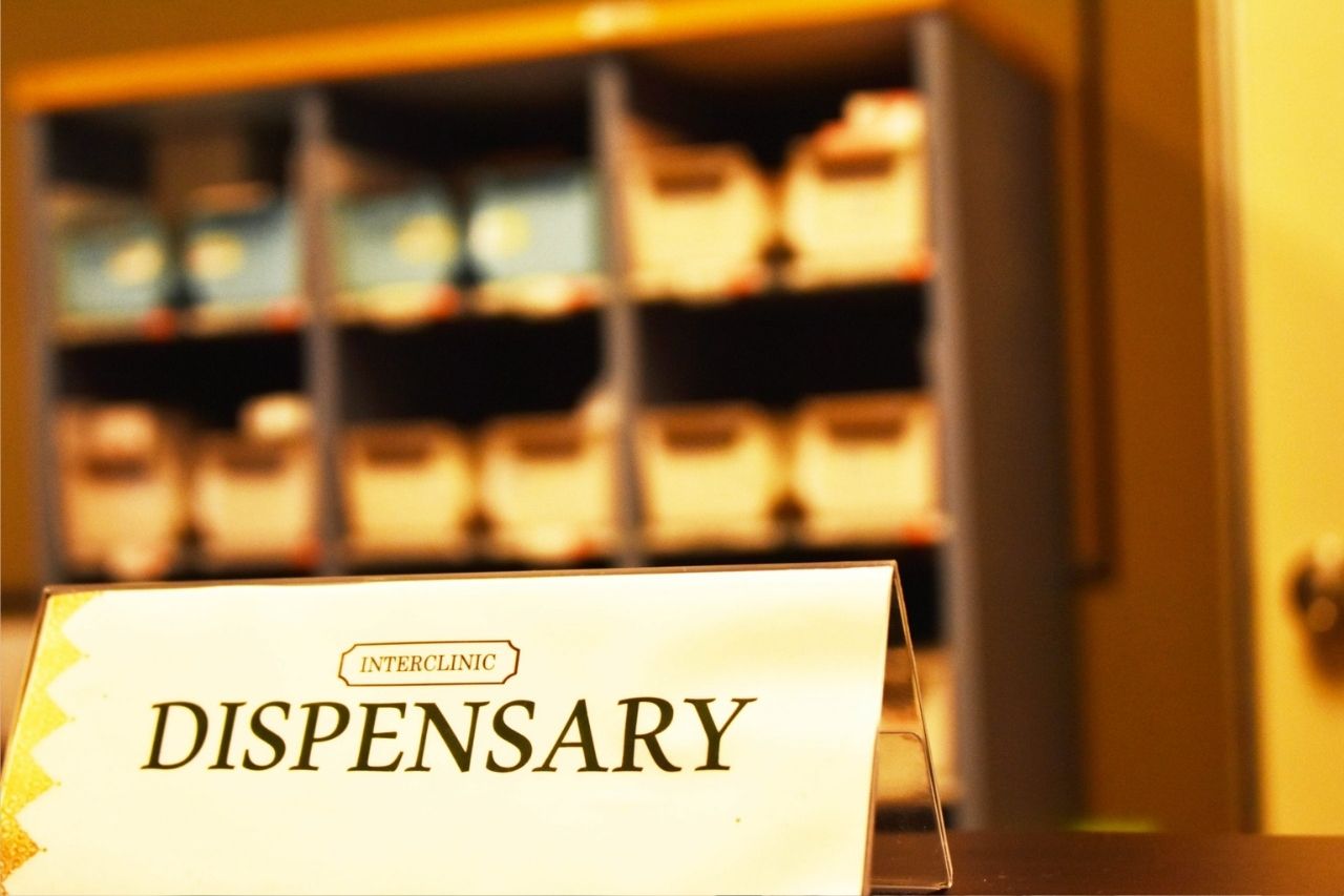 Modern indoor pharmacy dispensary at InterClinic providing convenient post-checkup medication services