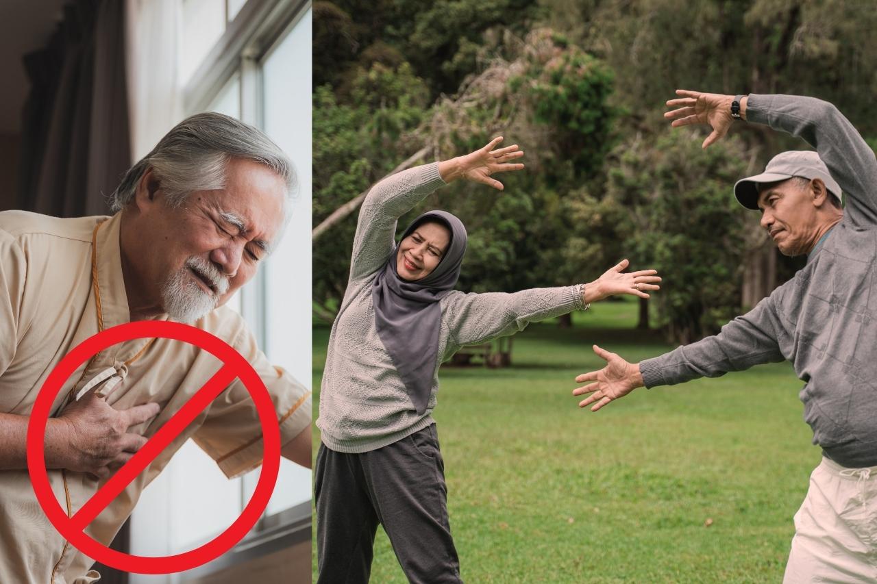 "Elderly man doing light exercise outdoors as part of preventive cardiology program in Malaysia"