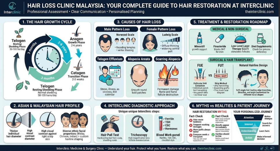 Hair restoration Malaysia infographic showing hair loss causes, diagnosis, treatment and FUE hair transplant options at InterClinic