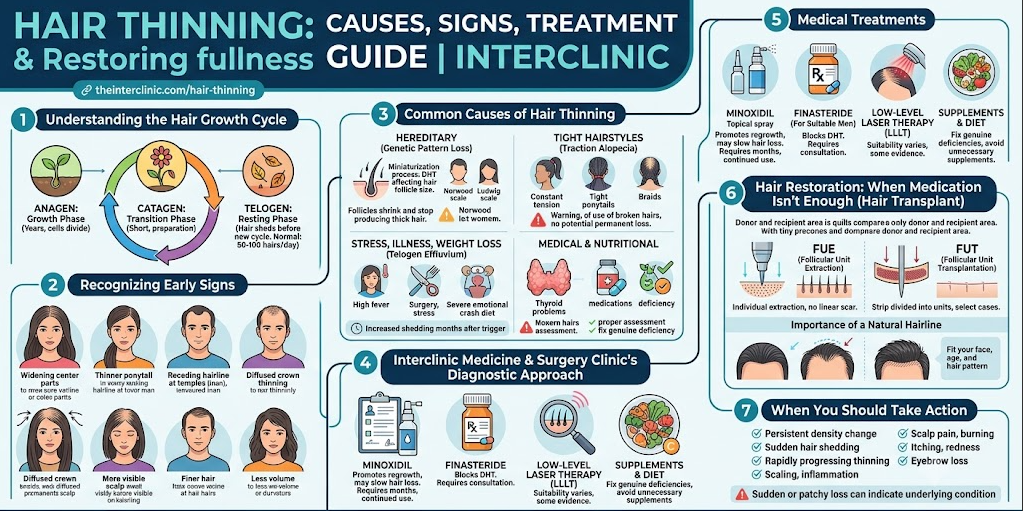 Hair thinning guide showing causes, symptoms, diagnosis, treatments, and hair transplant options