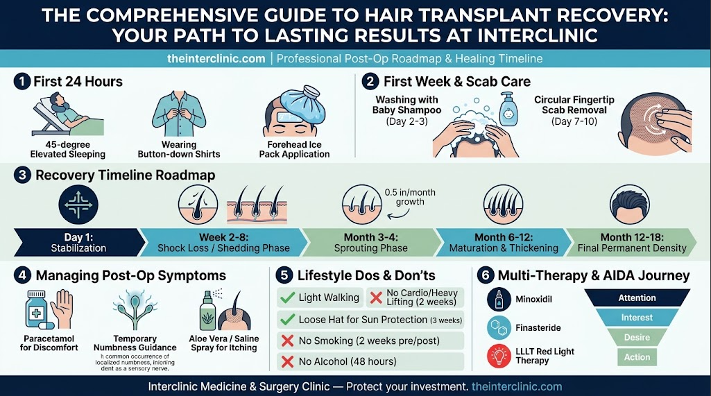 Hair transplant recovery guide showing the first 24 hours, first-week scab care, recovery timeline, post-operative symptoms, lifestyle guidelines and multi-therapy aftercare