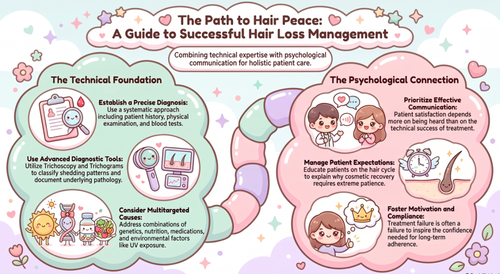 Hair loss management infographic showing technical diagnosis and psychological support strategies for patients