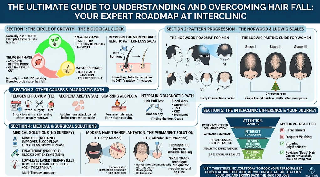Hair fall infographic showing causes, hair growth cycle, hair loss patterns, diagnosis, and treatment options