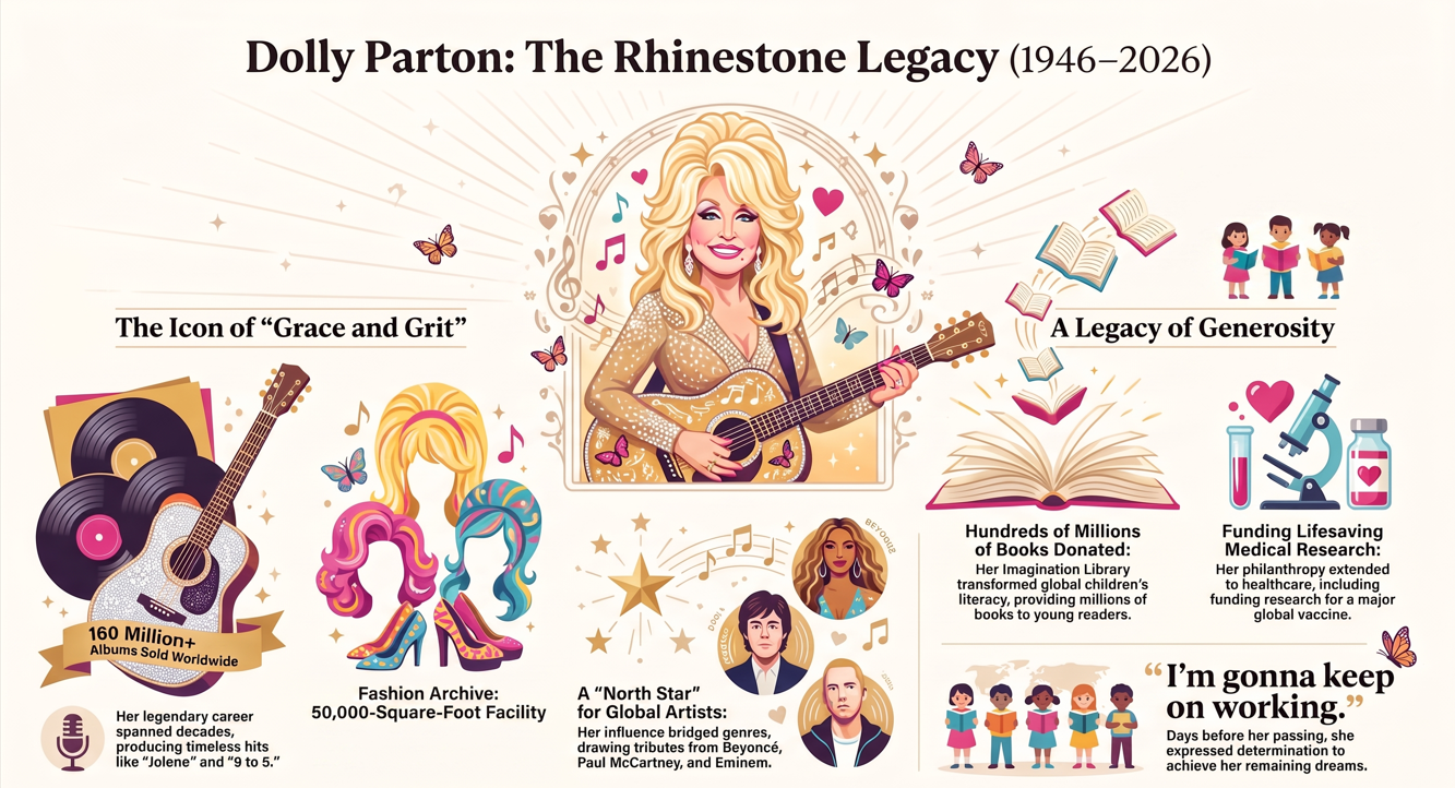 Dolly Parton infographic highlighting her music career, fashion legacy, philanthropy, children's literacy, medical research support, and influence on artists