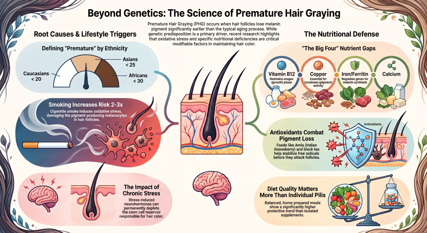 Infographic explaining the causes of premature white and gray hair, including genetics, ethnicity, smoking, chronic stress, nutrient deficiencies, oxidative stress, and diet.